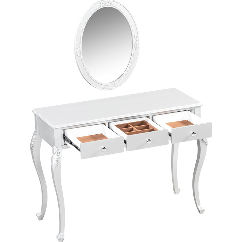 Luxury Silver Makeup Vanity Desk With Unique Oval Mirror And 3 Drawers, , Construction, Exquisite Golden Finish, Ideal For Entryway, Bedroom, Living Room Storage Velvet Jewelry Tray, Pattern, High -