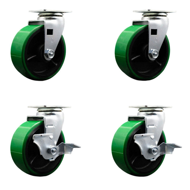 Poly on Cast Iron Swivel Caster Set with Ball Bearings 2 Brakes_20S520-PUB-2-TLB-2, Green
