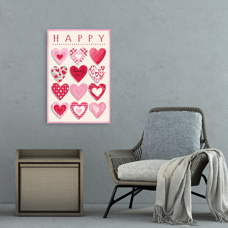 «Happy Hearts», art mural abstrait fantaisiste romantique, 36" H x 24" W