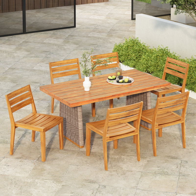7-Piece Modern Coastal Acacia Wood & PE Wicker Patio Dining Set, Brown Wicker