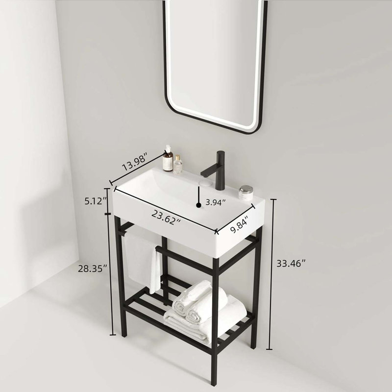 Meuble-lavabo moderne avec lavabo rectangulaire en céramique et pieds en métal, Blanc/Noir