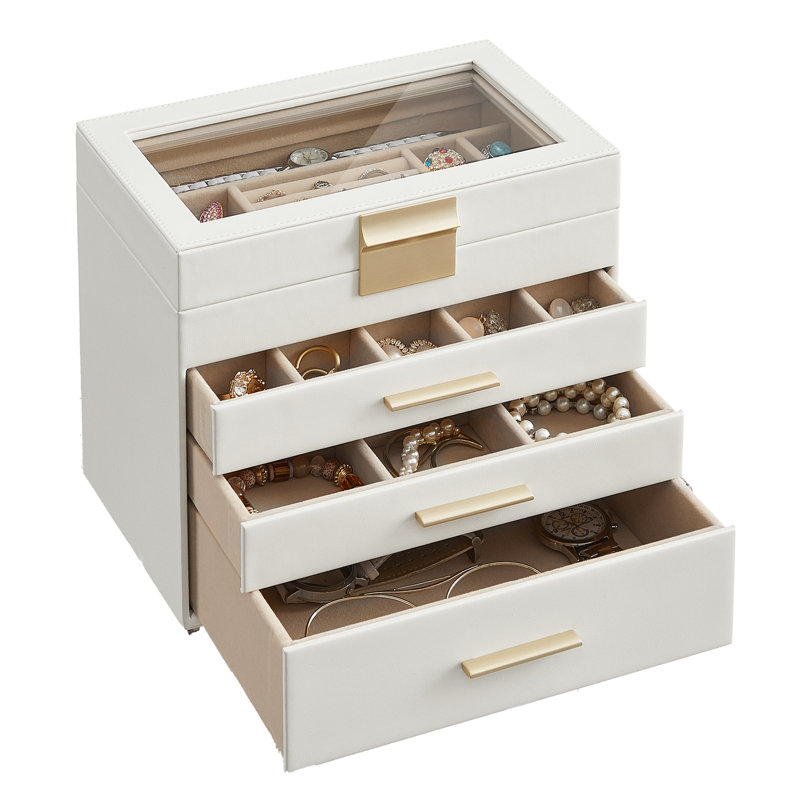 Boîte à bijoux avec couvercle en verre, organisateur de bijoux à 4 couches