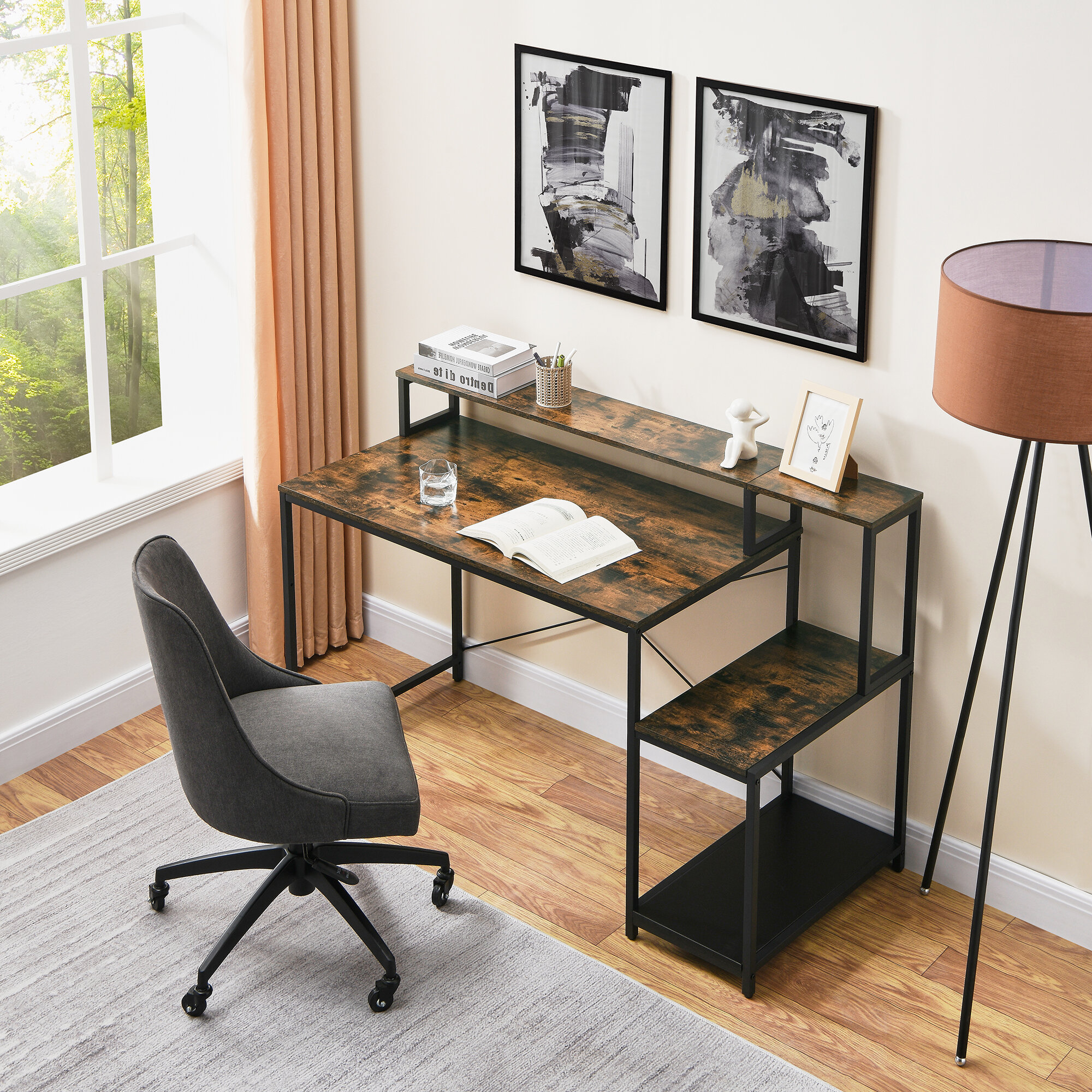 2-Person Computer Desk, Double Workstation with Hutch and Storage, Home  Office Desk with Spacious Tabletop, Modern Industrial Study Table with  Shelf for Small Area Space Bedroom kids Teens, Brown 