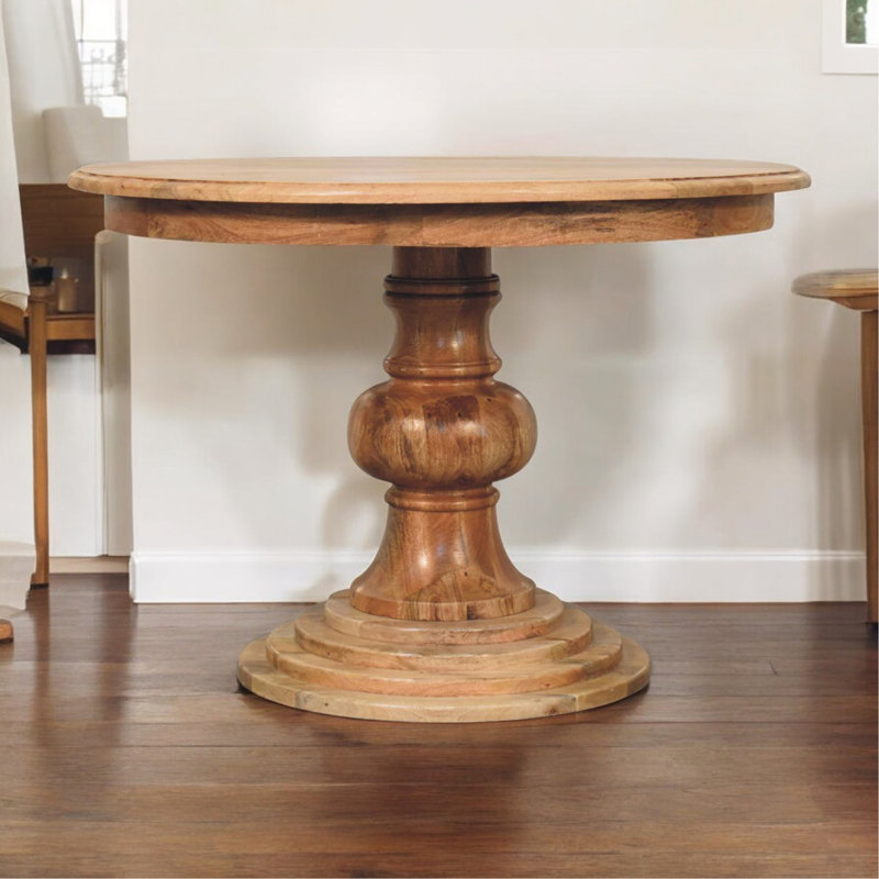 Table de salle à manger ronde en bois tourné, brun clair