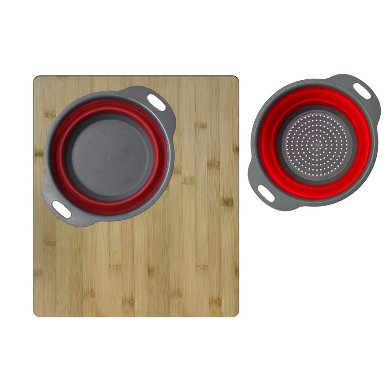 Stylish Over the Sink 18"L x 16"W Bamboo Cutting Board with Collapsible Bowl and Collander