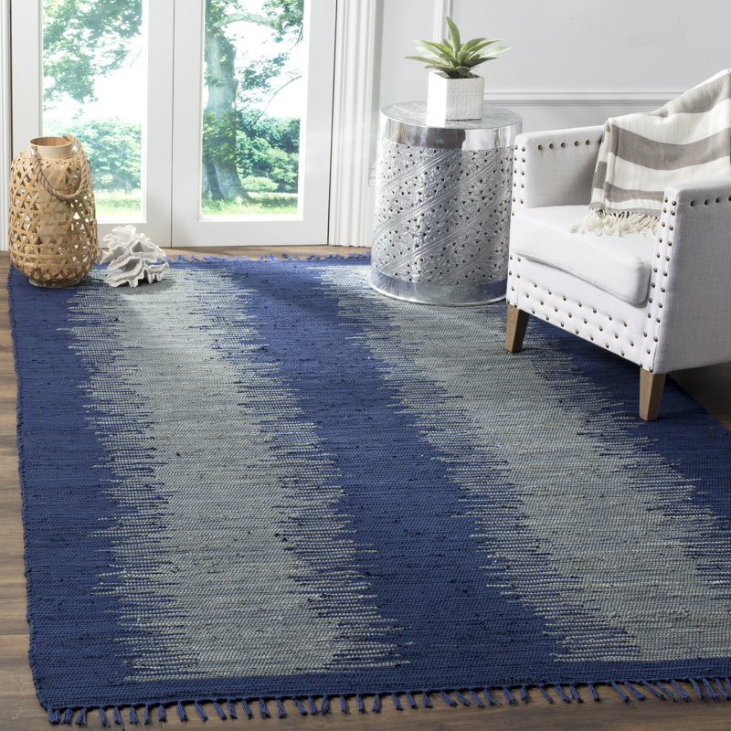 Tapis abstrait bleu / gris tissé à plat à la main Cayman, Rectangle 6 pi x 9 pi