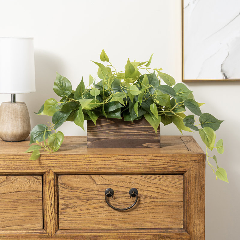 24.89cm Faux Pothos Plant in Solid Wood Planter