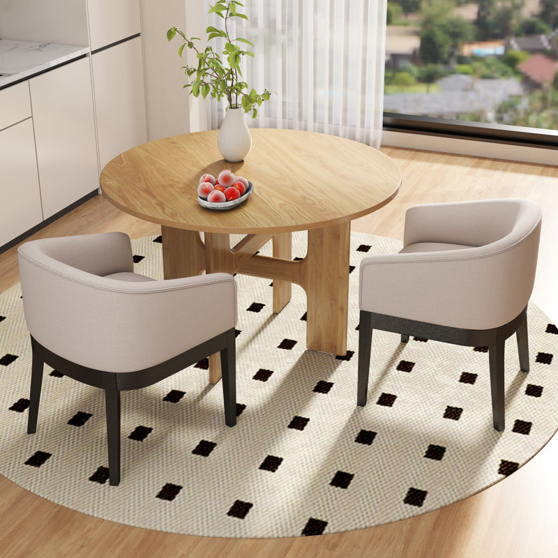 Modern Farmhouse 5-Piece Round Dining Set - Solid Wood Table With X-Base & Upholstered Bucket Chairs, Beige/Black, Natural