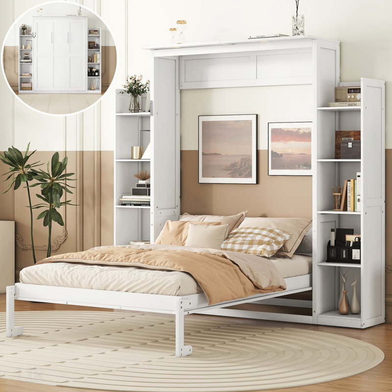 Lit escamotable double avec tablettes et lumières DEL pour une utilisation compacte et multifonctionnelle, Blanc
