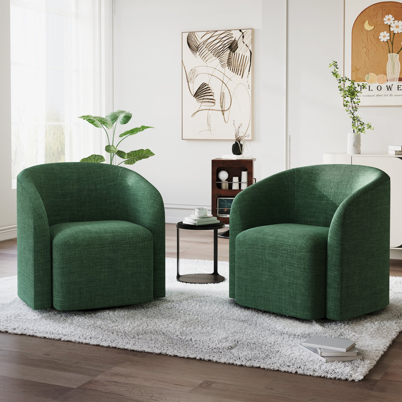 Avalos 29" W Upholstered 360-Degree Swivel Barrel Chair, Green Fabric