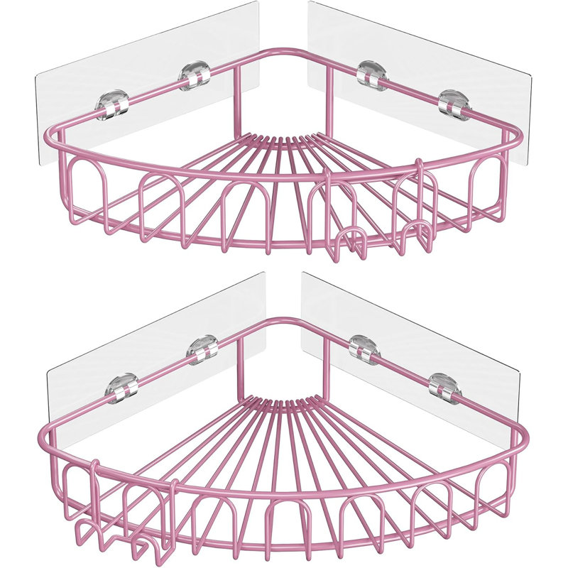 Organisateur de tablettes de salle de bain mural en acier inoxydable avec support à crochets mural sans perçage, Rose