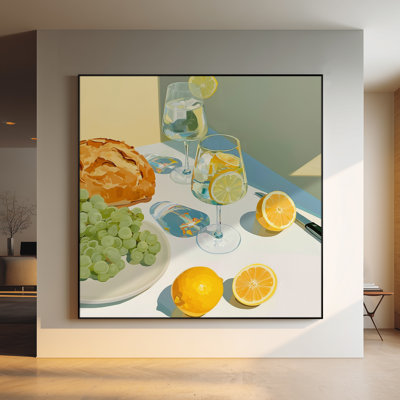Très grande reproduction d'art sur toile - Nature morte au citron et au pain avec verres à vin Scène de cuisine moderne pour le salon ou la chambre à coucher «Assemblage requis du cadre (cadre non fini)»