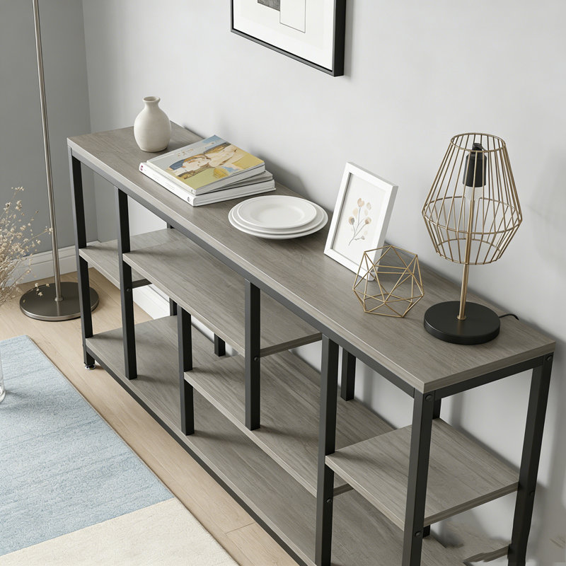 Entryway Sofa Table with Storage Shelves, Gray & Black