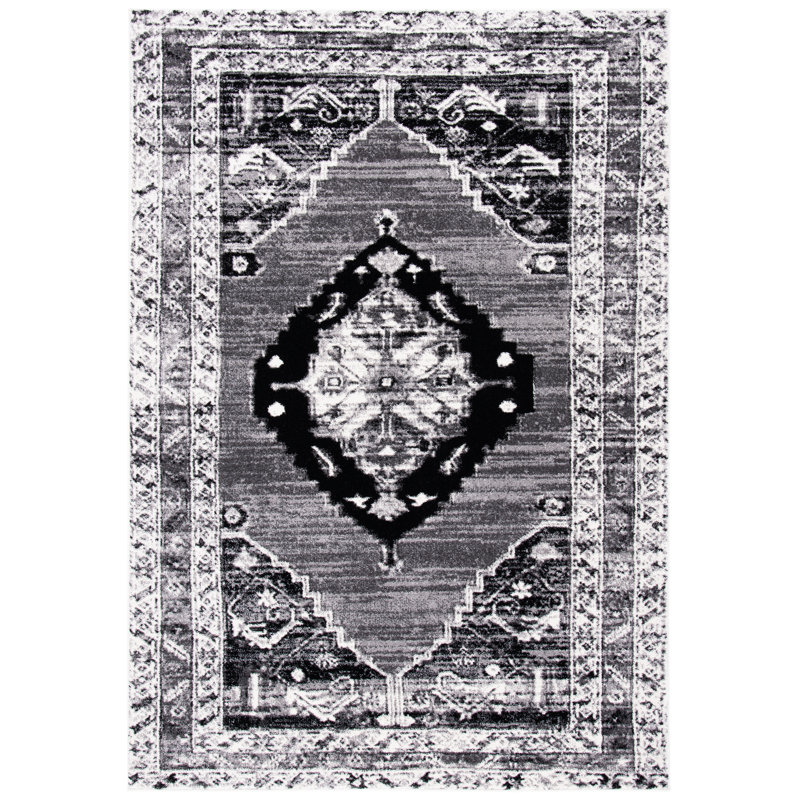 Tapis gris / noir Southwestern, Rectangle 2 pi 7 po x 5 pi