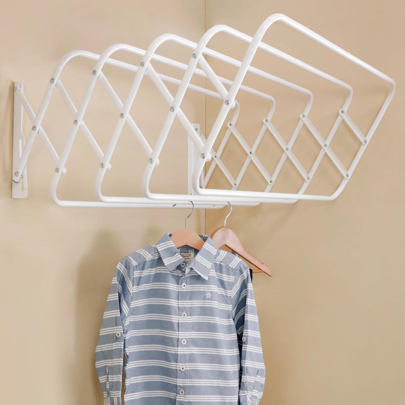 Steel Wall-Mounted Foldable Drying Rack with Expandable Rods – Space-Saving Laundry Solution,, 9" H x 35" W x 37" D, White