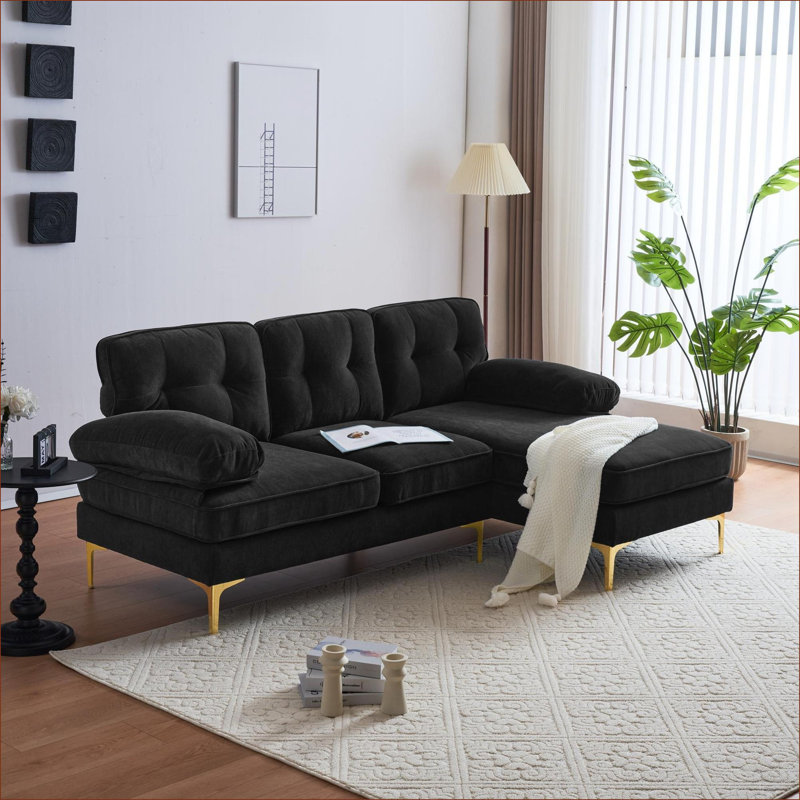 Canapés modulaires | Canapé 82,6 po moderne en forme de L pour la chambre à coucher de salon | Noir | Velours