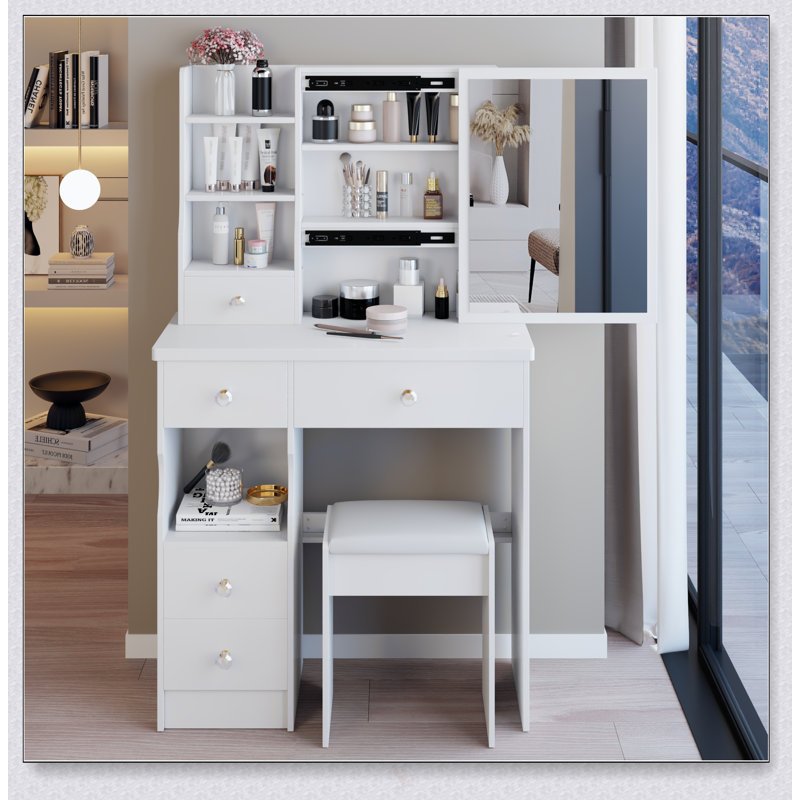 Table de coiffeuse compacte avec tiroir gauche de 29,2 pouces avec tabouret rembourré, très grand miroir coulissant et rangement multicouche pour les petits espaces