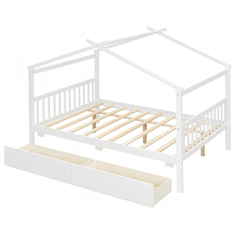 Wooden House Bed with Drawers, White, Full