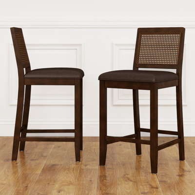 Tabouret de bar et de comptoir rembourré de 25 po avec pieds et repose-pieds en bois massif et dossier en rotin pour îlot de cuisine, café