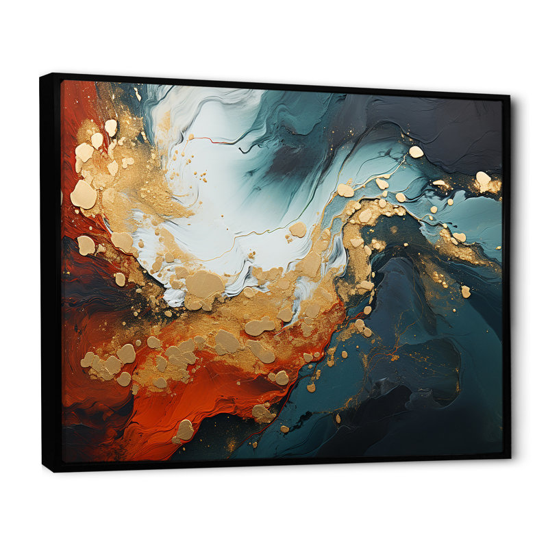 Tempête de marbre bleu et doré IV - art mural abstrait, Cadre flottant noir, H 34 po x l 44 po x P 1,5 po