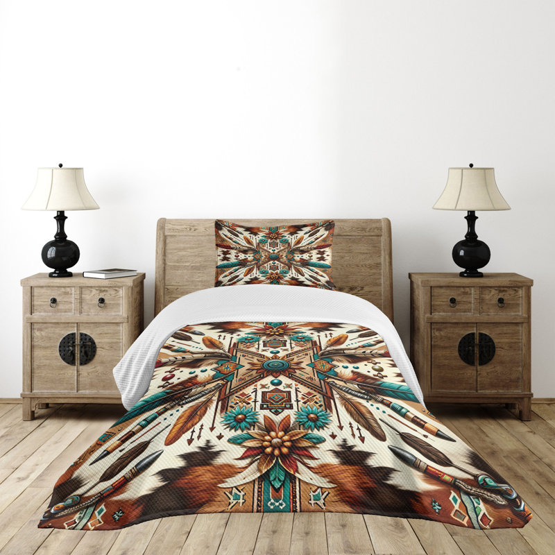 Twin White and Multicolor Aztec Inspired Bedspread Set