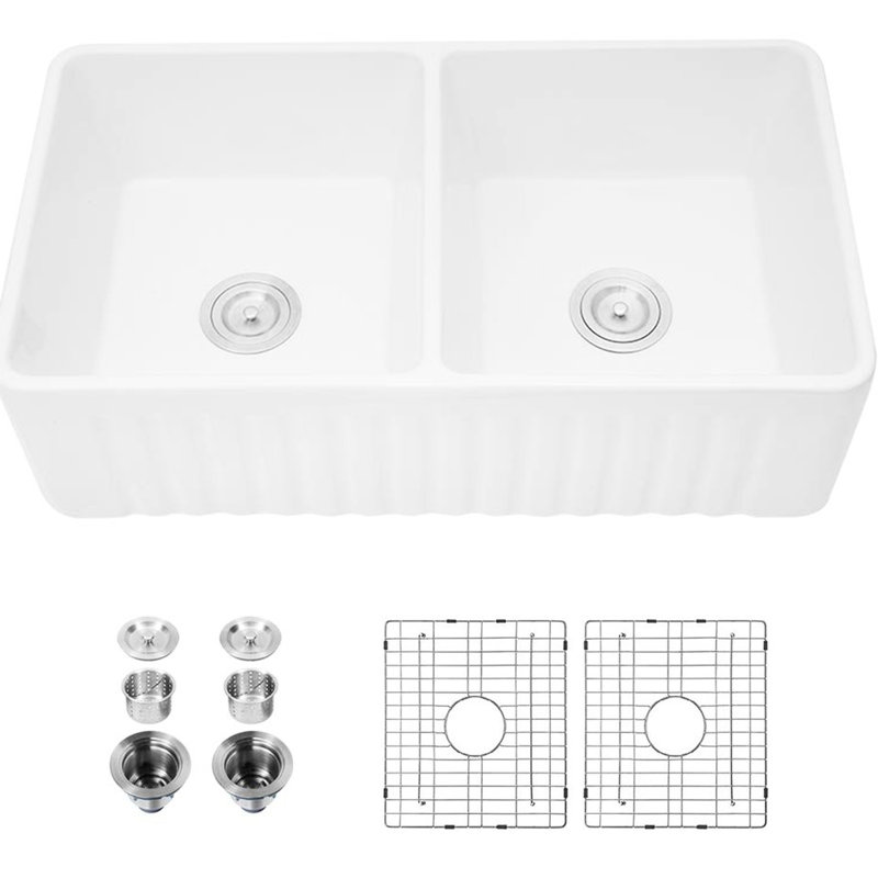 Évier de cuisine en céramique blanche - l 17,71 po x H 9,9 po x P 32,09 po, 93 lb, encastré, rayé et teint, style D H, finition glacis