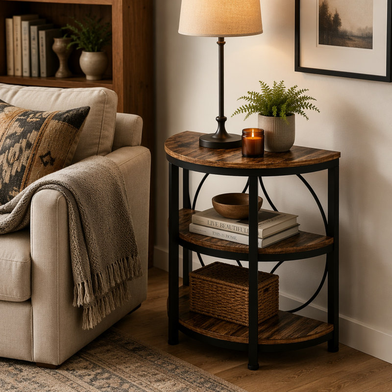 Half-Round End Table, 3-Tier Narrow Side Table with Metal Frame