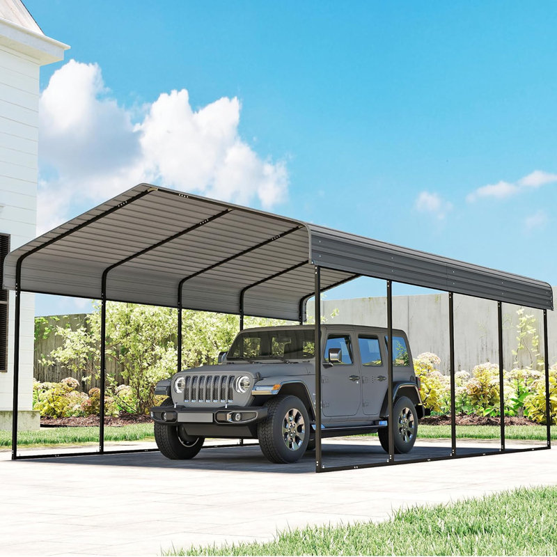Abri de voiture robuste en métal gris 12 pi x 20 pi, cadre de toit renforcé galvanisé, abri de garage extérieur pour voiture et bateau pour la cour arrière