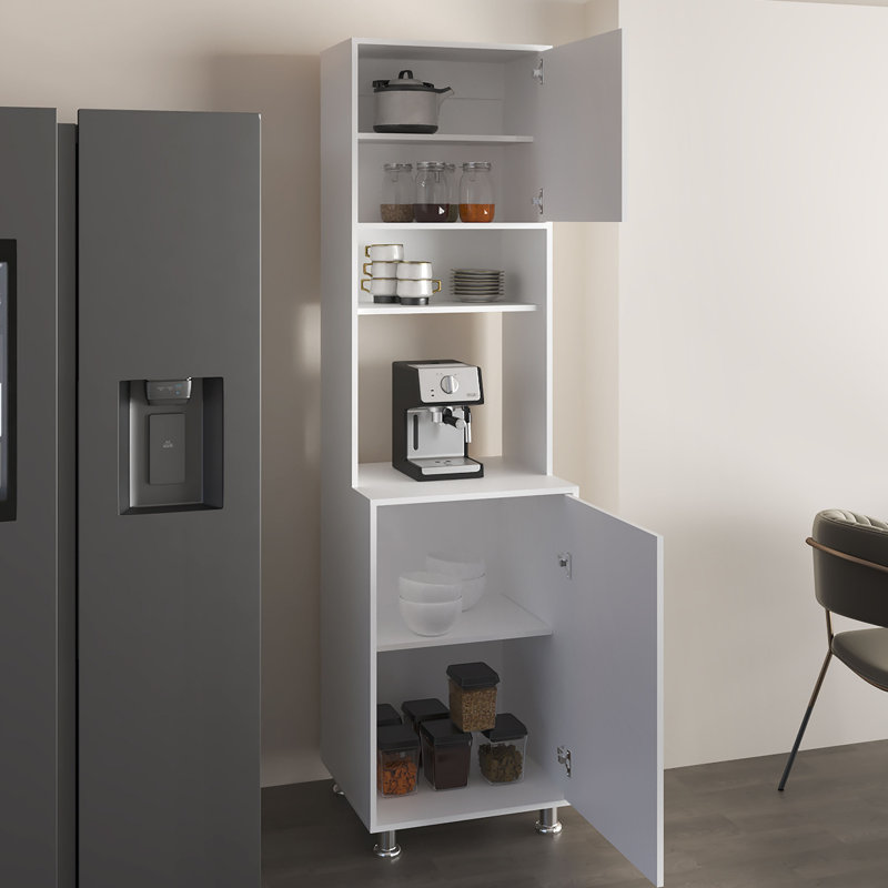 Armoire de cuisine avec deux portes, tablette centrale ouverte et rangement supérieur