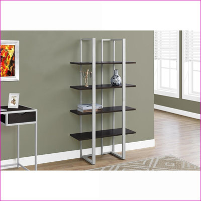 Bibliothèque, 4 niveaux modernes H 60 po, tablettes en stratifié espresso, structure en métal gris ardoise | Gain de place | Espresso | Panneau de fibres à densité moyenne