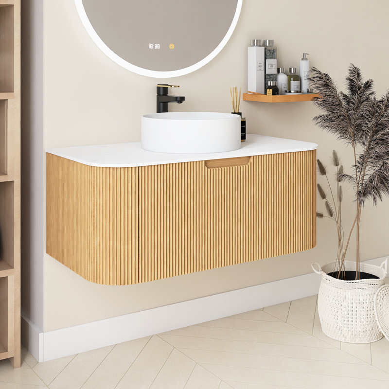 36 po L 19 po x H 19 po, meuble-lavabo mural simple avec plateau en marbre, Bois naturel
