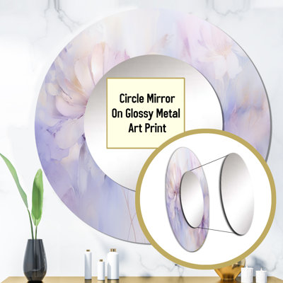 Quatina Purple Botanical Whispers II - Botanicals Wall Mirror, Modern Round Decorative Mirror, Printed Metal Art