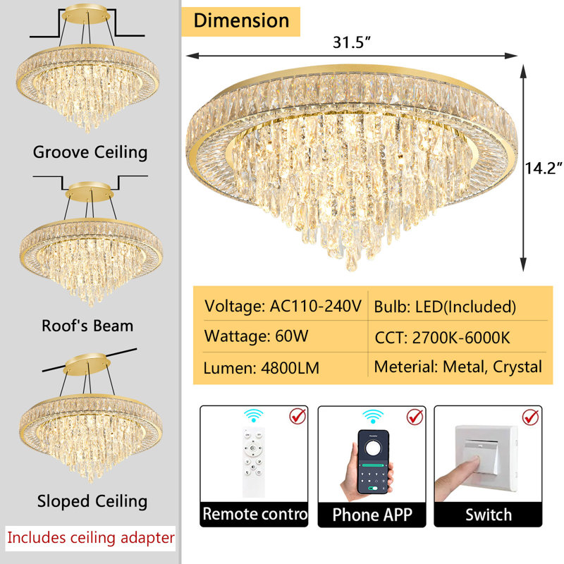 Crystal Chandeliers Led Dimmable Ceiling Light, Gold