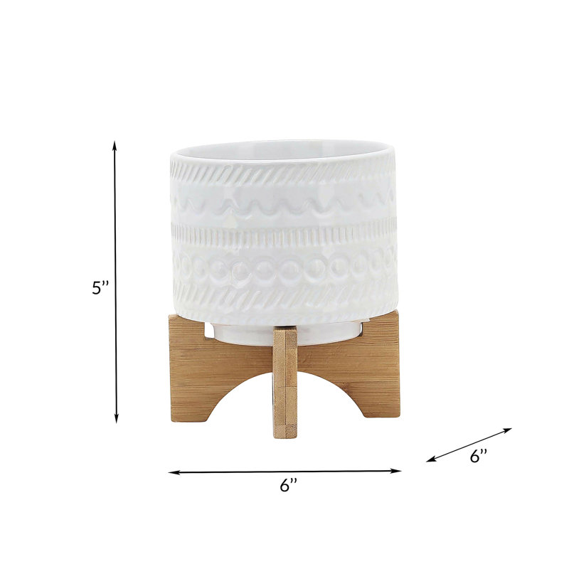 POT DE FLEURS 5 "AVEC SUPPORT EN BOIS, BLANC