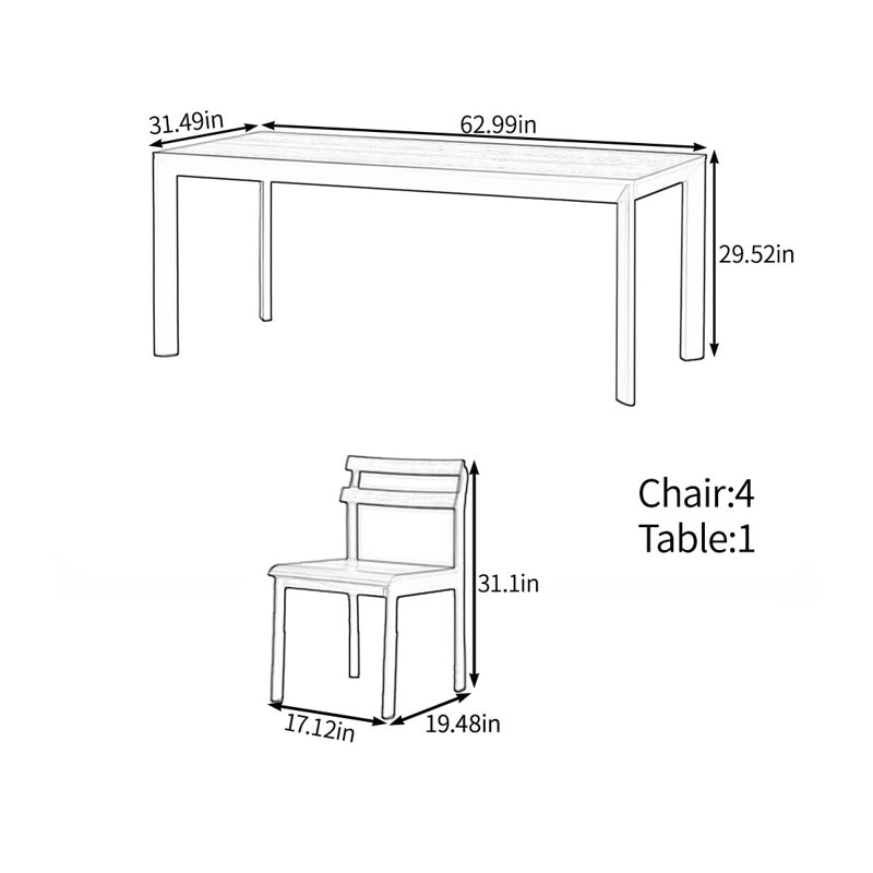Ensemble de table de salle à manger simple et confortable en bois massif, H 29,52 po x L 62,99 po x l 31,49 po
