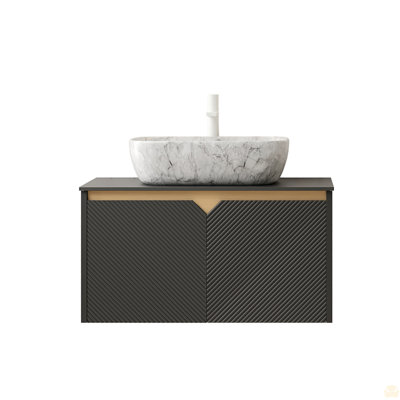 30" Wall-Mounted Plywood Cabinet And Black Sintered Stone Countertop, NO Basin, NO Faucet And Sink Cover