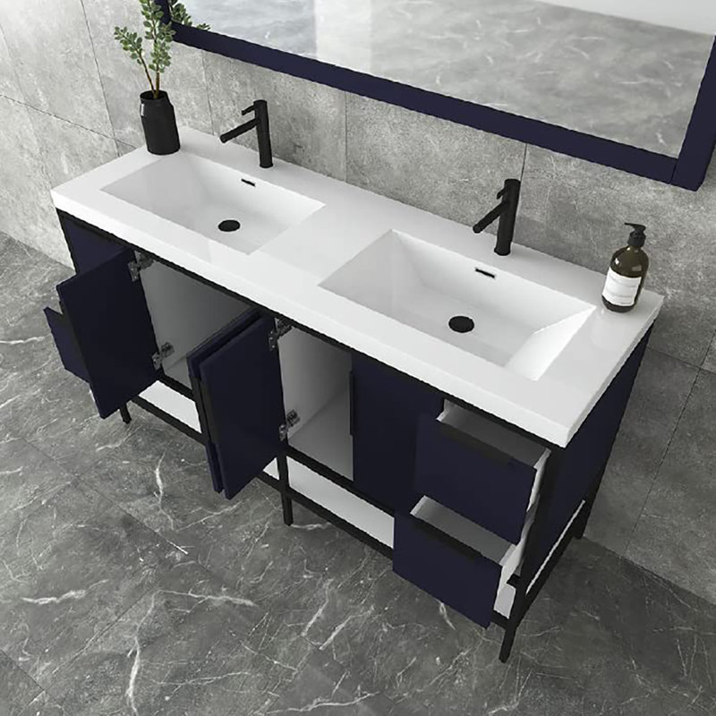 Ensemble de meuble-lavabo double l 59,5 ", Bleu nuit brillant