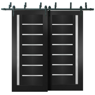 Portes coulissantes de placard de style grange 36 x 80 pouces Quadro 4088 Noir mat avec verre dépoli Rails robustes de 6,6 pi Quincaillerie Ensemble de quincaillerie Portes de placard de chambre en bois massif