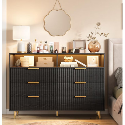 LED 6-Drawer Storage Cabinet with Fluted Curved Panels & Open Compartments