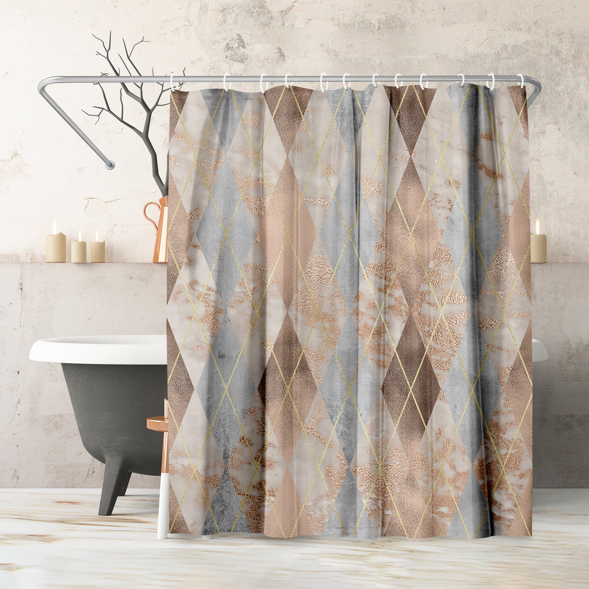 Abstract Shower Curtain Chic Rose Gold Marble Copper Argyle by Grab My Art East Urban Home