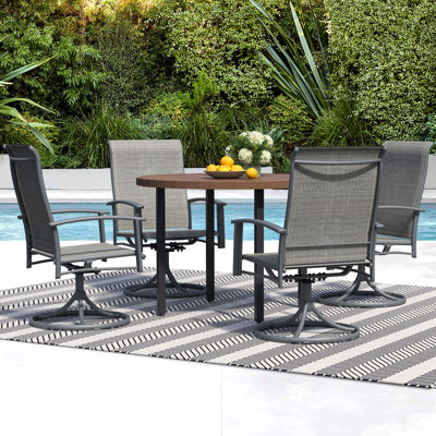 5-Piece Outdoor Dining Set For 4 – 42" Walnut Round Outdoor Table With Umbrella Hole & 4 Blue Patio Swivel Chairs, All-Weather Patio Furniture