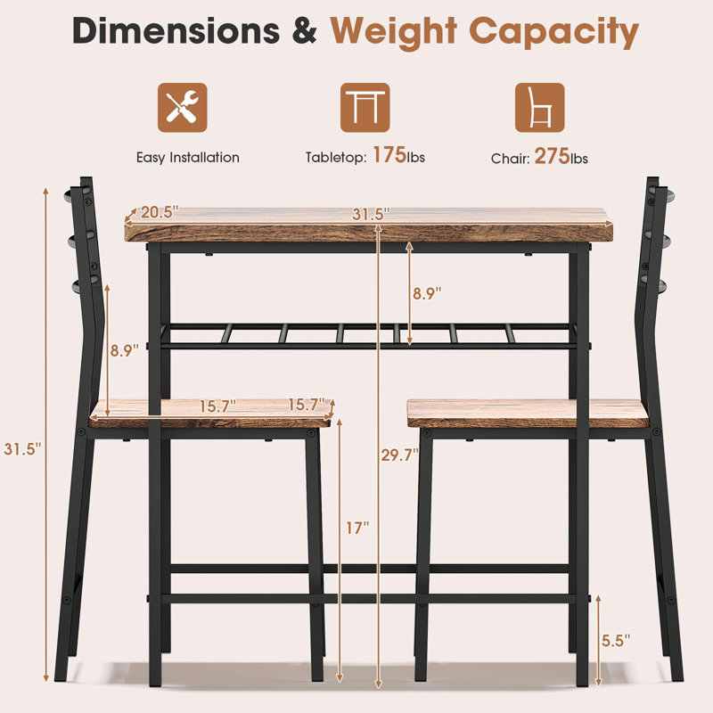 3-Piece Modern Dining Table Set with Square Table, 2 Chairs & Storage Rack, Steel Frame, Brown