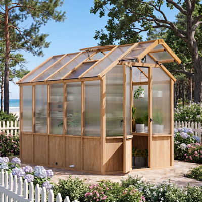Ensemble de serre d'extérieur pour patio en bois de cèdre et polycarbonate de qualité supérieure l 6 pi 5 po x P 10 po avec pergola Ephrata, prise de courant design, plomberie et robinet Fans