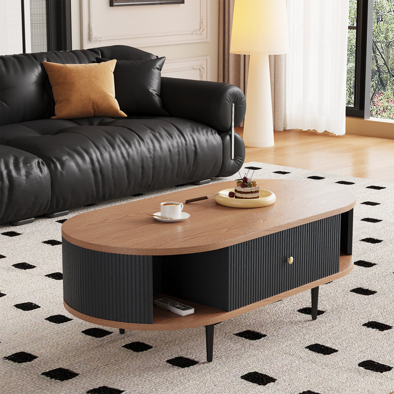 47" Mid-century Modern Fluted And Oval Coffee Table With A Drawer