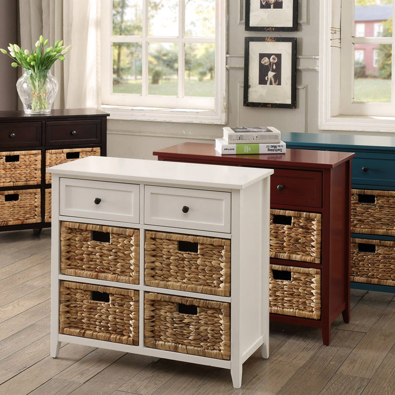 Console de couleur bleu sarcelle: espace de 6 tiroirs, devant de panier, bois, glissière en métal lisse Élément fonctionnel avec finition: côté