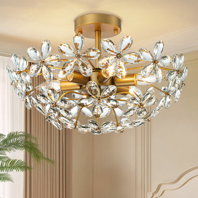 Kuol 6-Lights 17.7" Modern Dimmable Crystal Champagne Flower Semi Flush Mount Ceiling Light