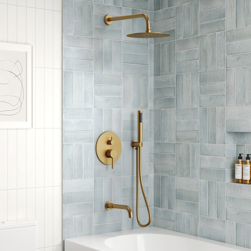 10-Inch High-Pressure Rainfall Shower System, Tub Faucet Set with Pressure Balanced Valve, Brushed Gold