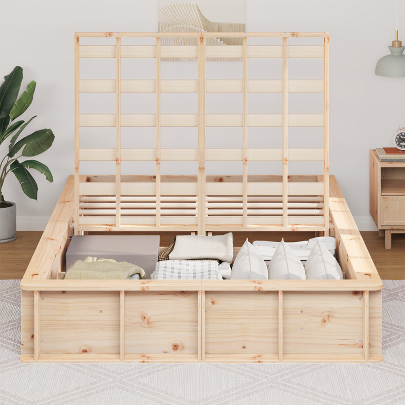 Bed Frame With Storage Solid Pine Wood, European Double (140 x 200 cm), Natural