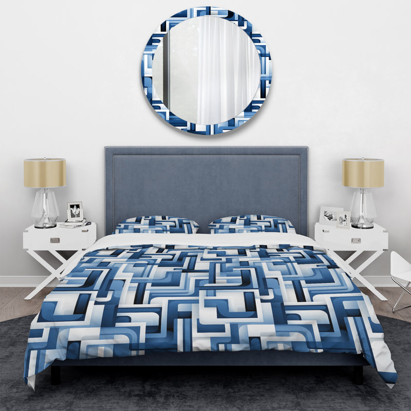 White And Blue Geometric Blocks Harmony I - Geometric Duvet Cover Set, Housse de couette pour grand lit et 2 taies décor