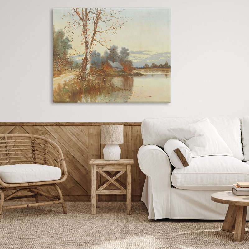 Toile d'automne à cabines le long de la rivière, design par lettré et doublé, H 36 po x l 48 po